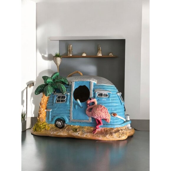 Vintage Blue Camper Birdhouse With Flamingo & Palm Tree - Picture 2 of 5